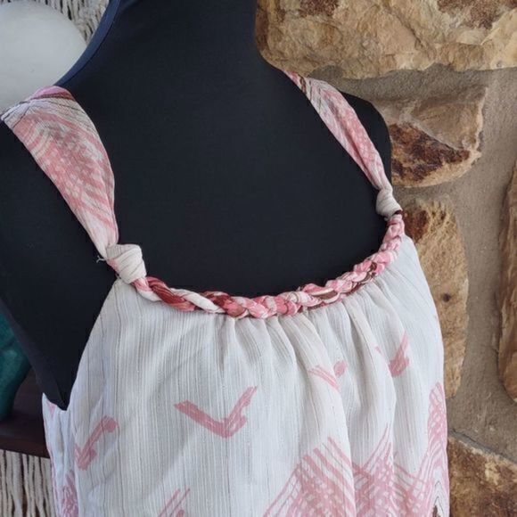 Guess Cross Strap Pink Watercolor Metallic Chevron Boho Braided Neck Top‎ Sz L - Picture 4 of 9